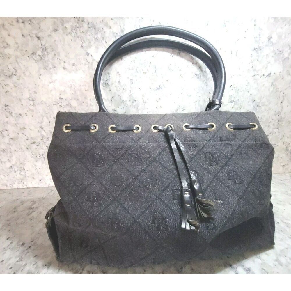 Dooney & Bourke‎ Vtg Signature Grey & Black Logo Canvas Shoulder Tote Bag Purse